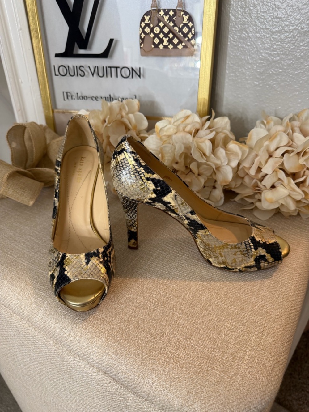 kate spade Gold and Black Snakeskin Peep-Toe Heels